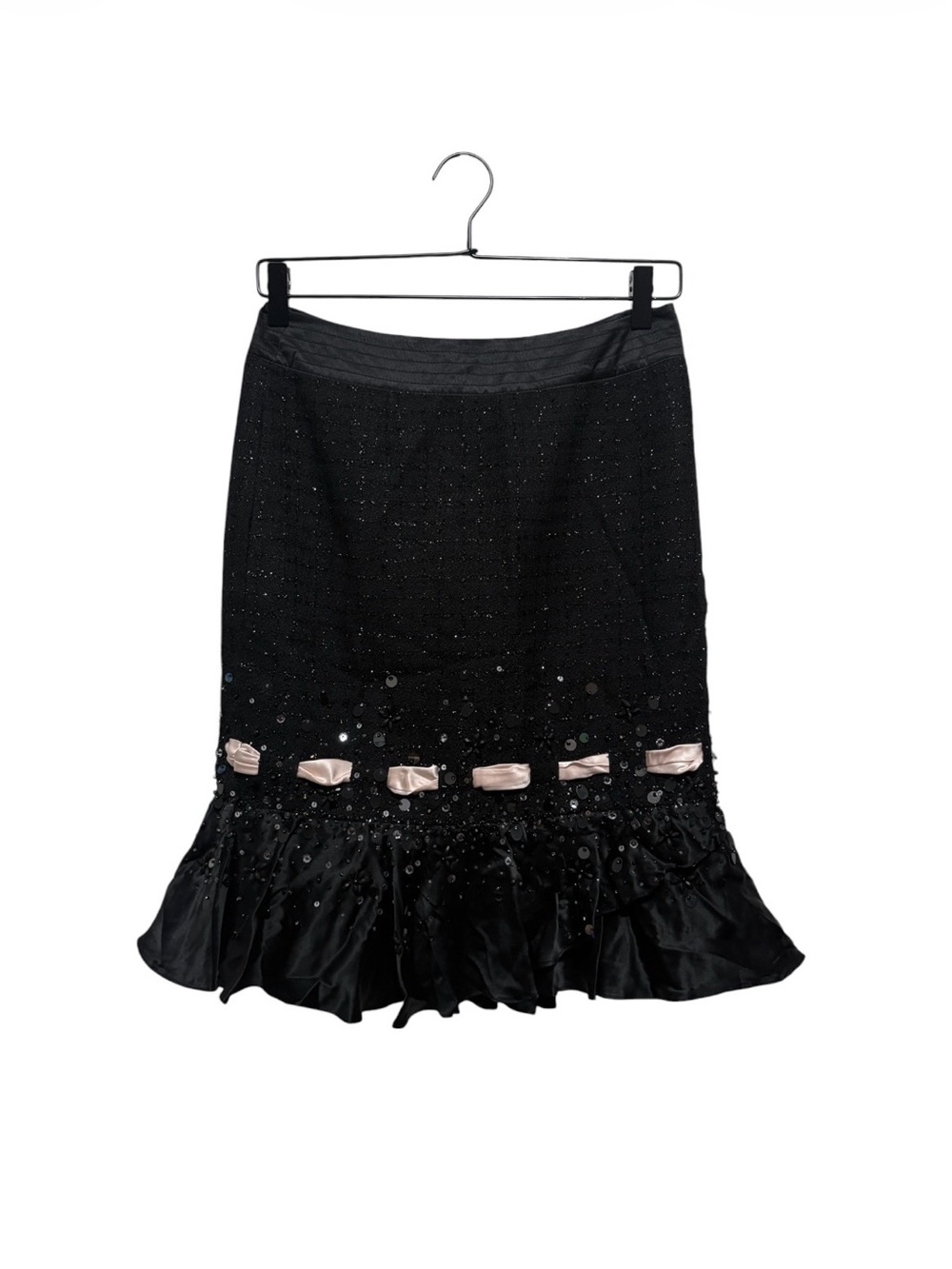 Alberto Makali Black A-Line Sequin & Satin Ruffle Skirt with Blush Accents